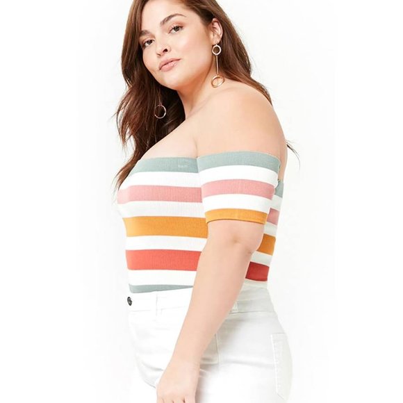 FOREVER 21 Striped Off-the-Shoulder Crop Top Plus Size 1X - Picture 1 of 12